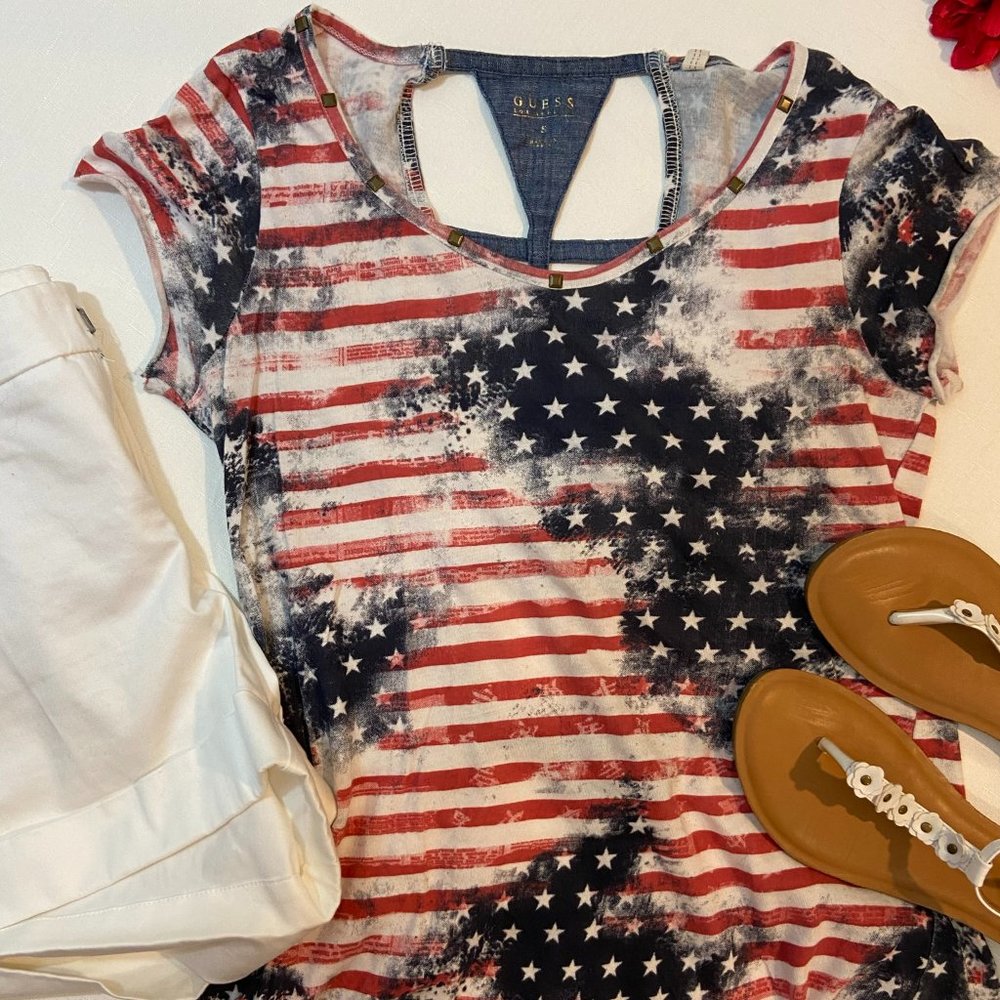 Guess Red White & Blue Stars & Stripes Cut Out Tee